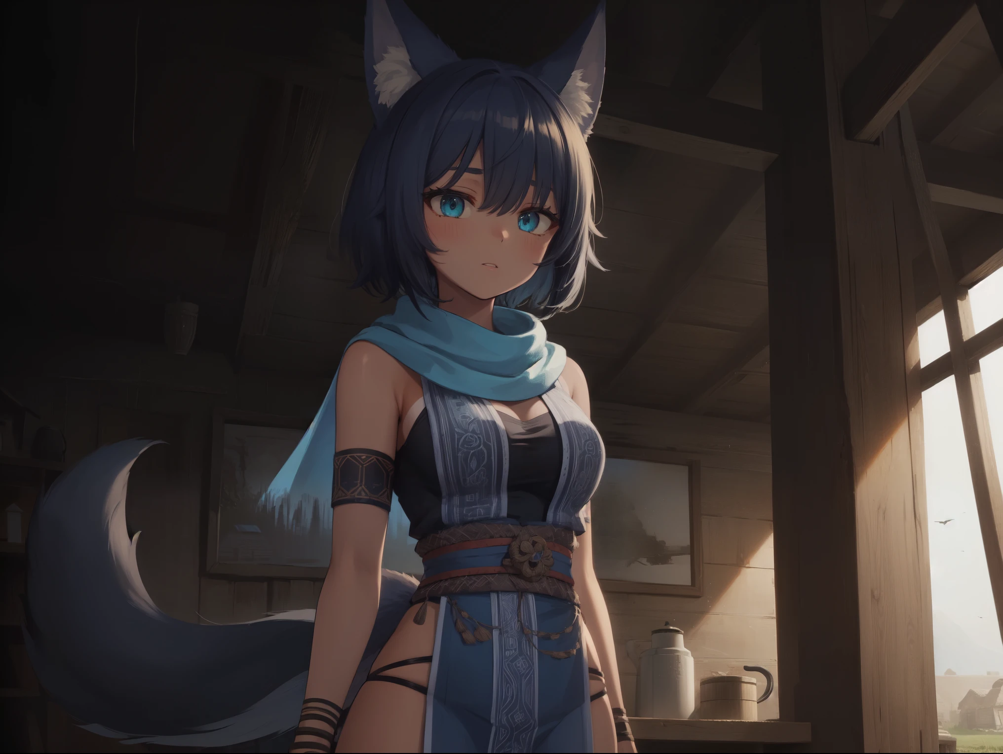 ((human)), female, ((solo)), ((tan skin)), dark blue hair, short hair, ((fluffy hair)), (cyan eyes), dark blue fox ears, dark blue fox tail, breasts, ((blue tribal clothing)), short orange scarf, standing, up close. ((inside village hut)), Very good figure, extremely detailed, cinematic lighting, volume lighting, masterpiece, best quality