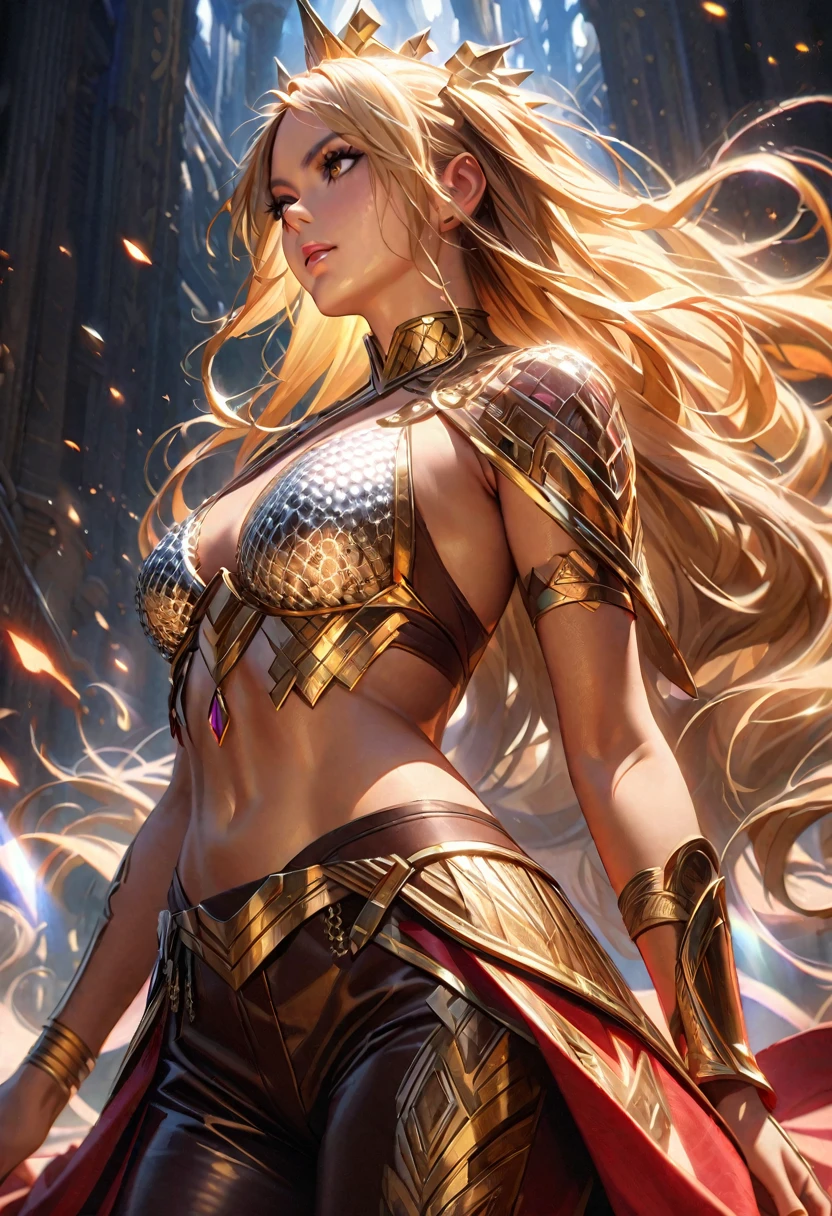 A beautiful solo portrait of Shakira, the tan-skinned Indian warrior queen, adorned in exquisite diamond armor and a crystal armor plate. Her long blonde hair cascades down her back as she gazes confidently into the distance. She is dressed in brown leather pants and a translucent chainmail top, accentuating her warrior spirit. The detailed artwork captures her intense gaze and mesmerizing aura, highlighting every intricate detail of her face and body. The lighting creates a dramatic atmosphere, enhancing the vibrant colors and emphasizing the strength and power radiating from her presence. This stunning piece of art is rendered in high resolution, with ultra-detailed features and a photorealistic quality. The composition and style evoke a sense of awe and admiration, showcasing Shakira as a fierce and fearless warrior queen.