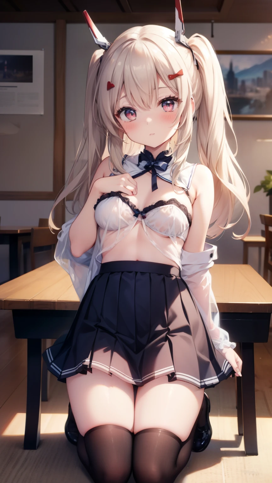 Azur Lane Ayanami、table top、High resolution、2 people、2 people girl、twins、2 cute girls、big and full breasts、naughty body、underwear only、See-through、pink lingerie、throw、kneel down、kneel down、Look up at me、confused face、blush、black pantyhos、navy check skirt、micro mini skirt、very short skirt、Department store、shop、Many people々、in the crowd、bare chest、show your chest、circle