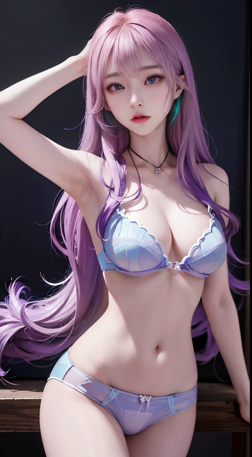 Very cute 22 years old,Big TitsFull Body,long hair,(Blue-purple hair 1.4),(Very shiny bikini),Height: 178cm,Smiling and brushing her hair back