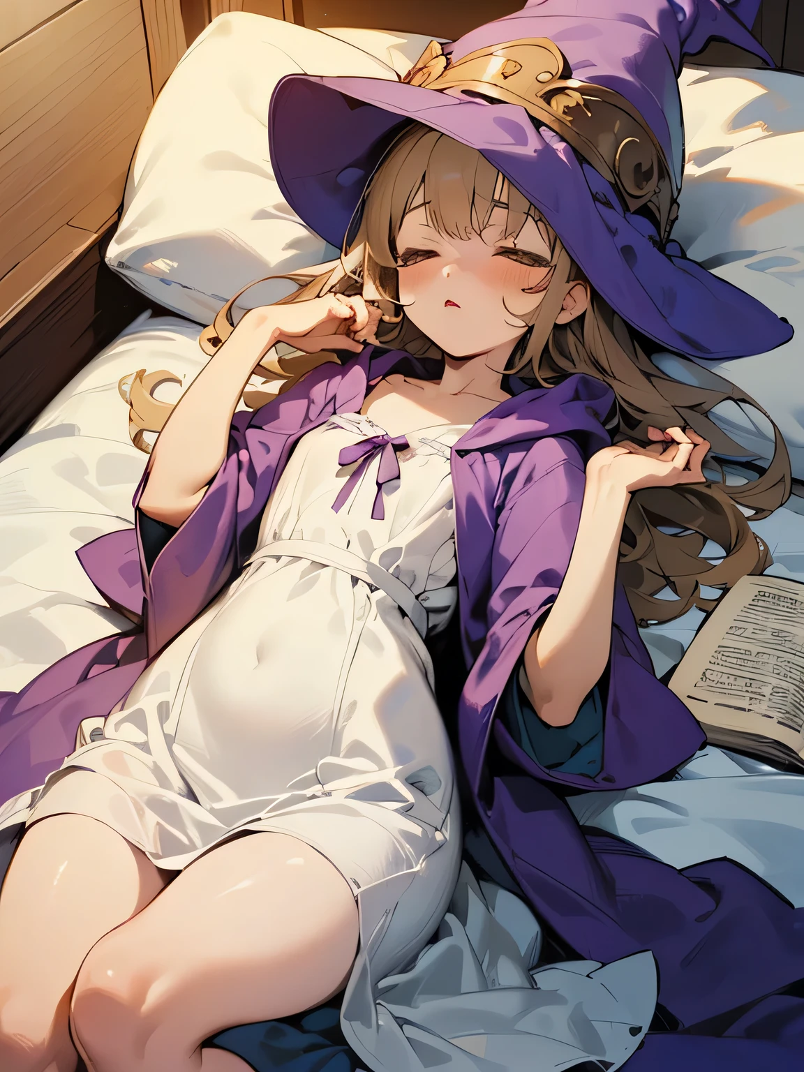 ((Masterpiece)), (((best quality))), hips wide open, Yellow eyes, long blonde hair, (((shot White sleeping dress))), purple robe, ((purple wizard hat)), ((little girl)), (shy), (loves books),
