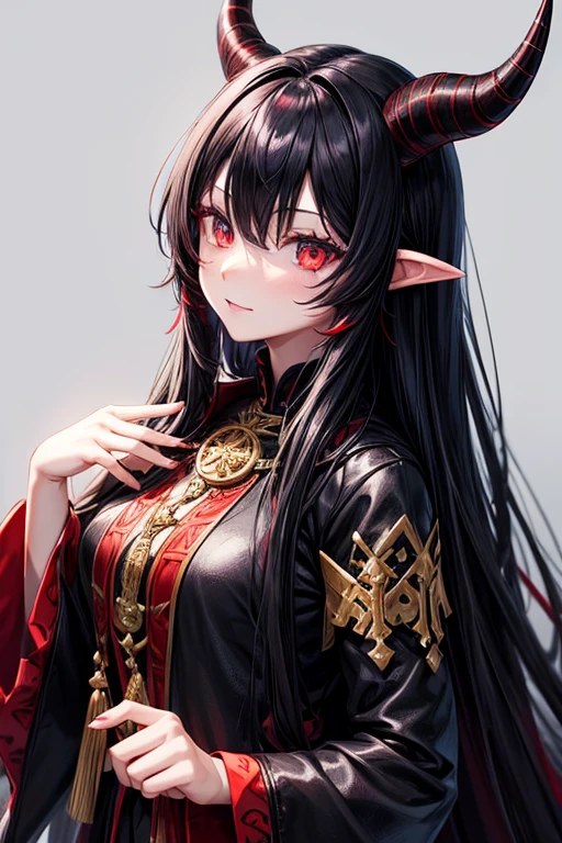 Black horns, velvet colored hair, long hair, red colored eyes, female, fantasy clothing