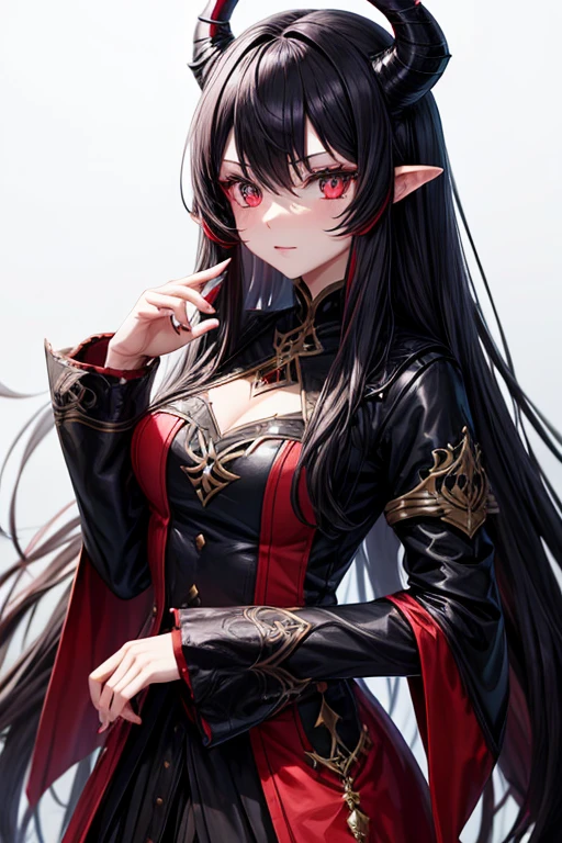 Black horns, velvet colored hair, long hair, red colored eyes, female, fantasy clothing