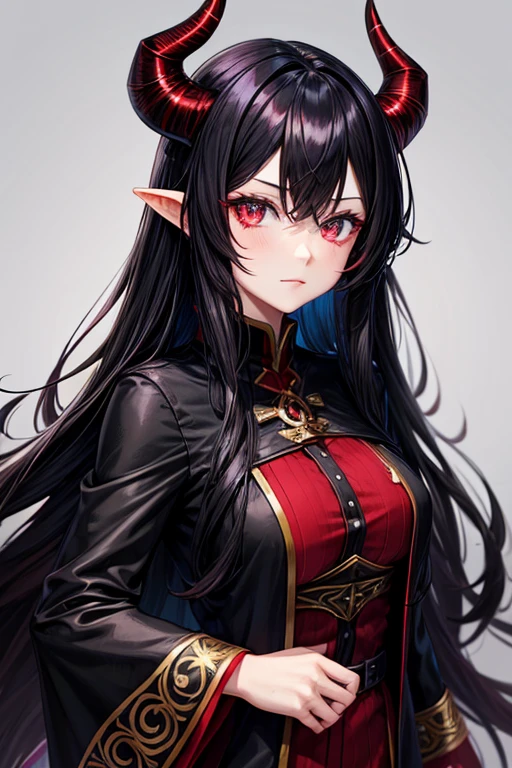 Black horns, velvet colored hair, long hair, red colored eyes, female, fantasy clothing