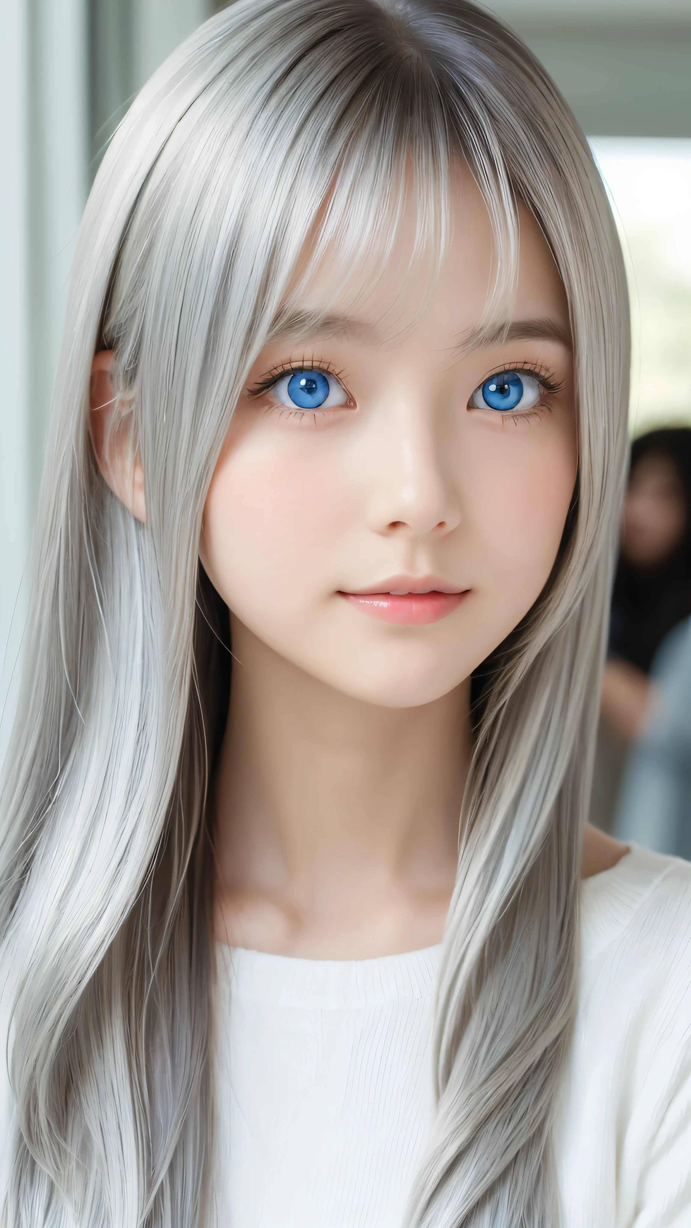 Shining, clear, white skin、Her windblown silver hair hides her beautiful face.、huge、28 years old cute sexy little beautiful face、Beautiful straight hair that stands out、growing up, Sparkling light blue eyes、long silky bangs that cover cute eyes, Sexy and cute young woman with super long hair hiding her sexy face、shining silver hair