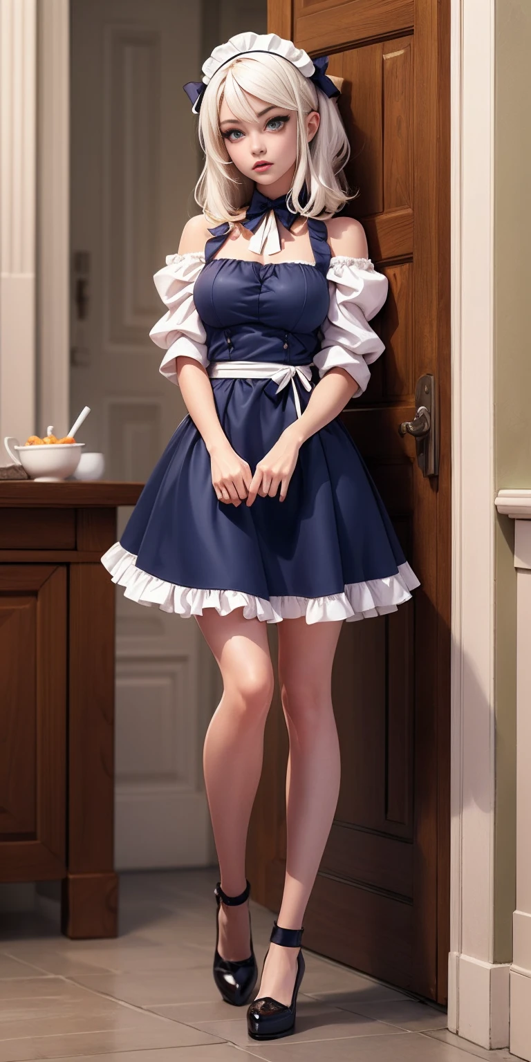 (masterpiece, top quality, best quality), pixel, pixel art, 1girl, full body, white hair, green eyes, blue maid dress