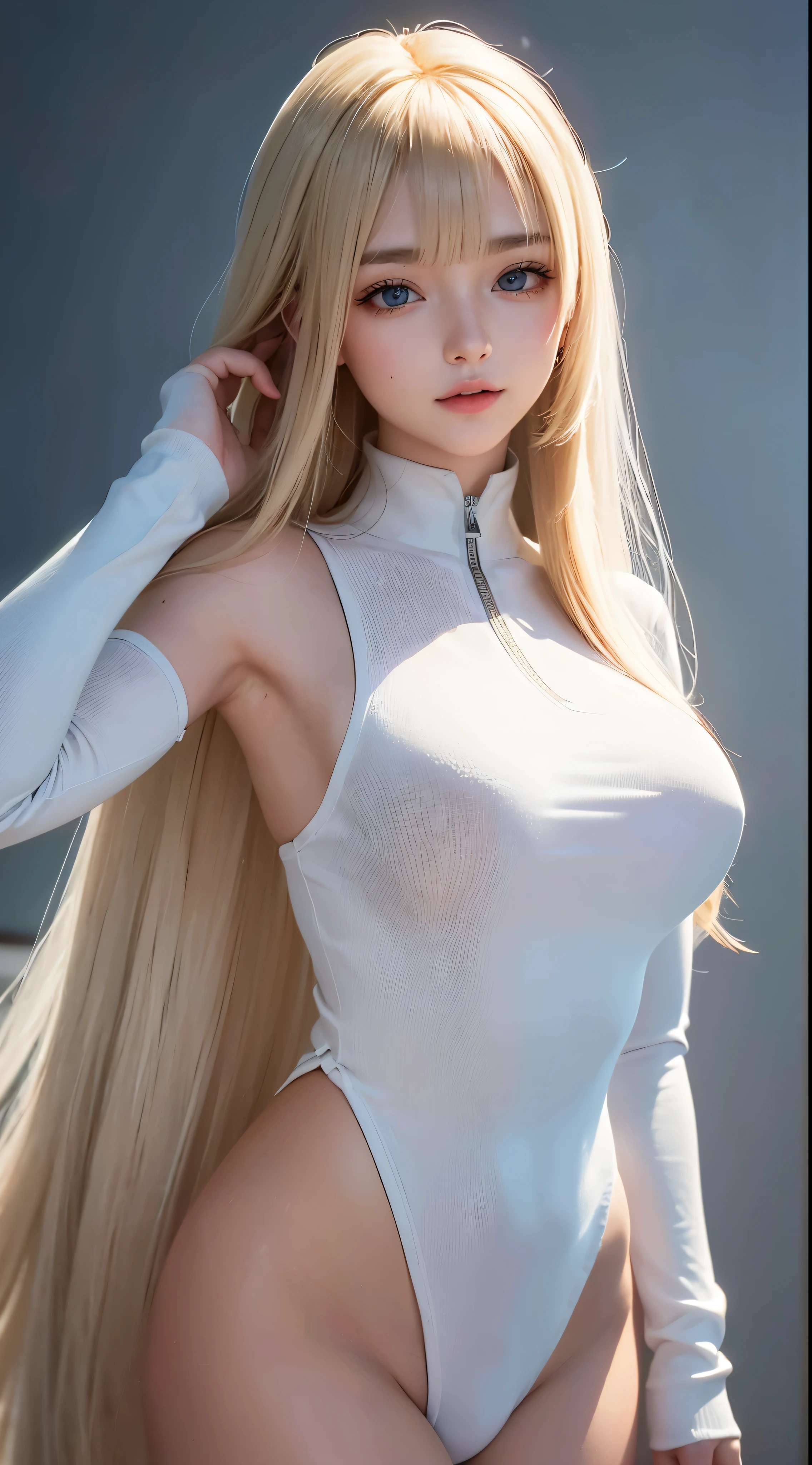 (, Virgin face,  masterpiece, High resolution, 8k, 1 girl, Super detailed, Fine skin, White skin, Lighten up the subject, Cinema Lighting, Beautiful Face, Fine grain, Lip gloss), (((Detailed anatomy))), Blonde, Super long hair, Hime cut, Silky straight hair, Blunt bangs, blue eyes, (Slender body), ((Saggy breasts)), (((Large Breasts))), photograph, (Focus on the upper body), Cute smile, View your viewers, Wearing a white knit long sleeve, Wearing a white knit long sleeve, Blonde Super long hair, Straight long hair, Hime cut, Silky straight hair, Blunt bangs, Blunt bangs, lure, 28 year old girl,The front zipper is open,A face plagued by shame