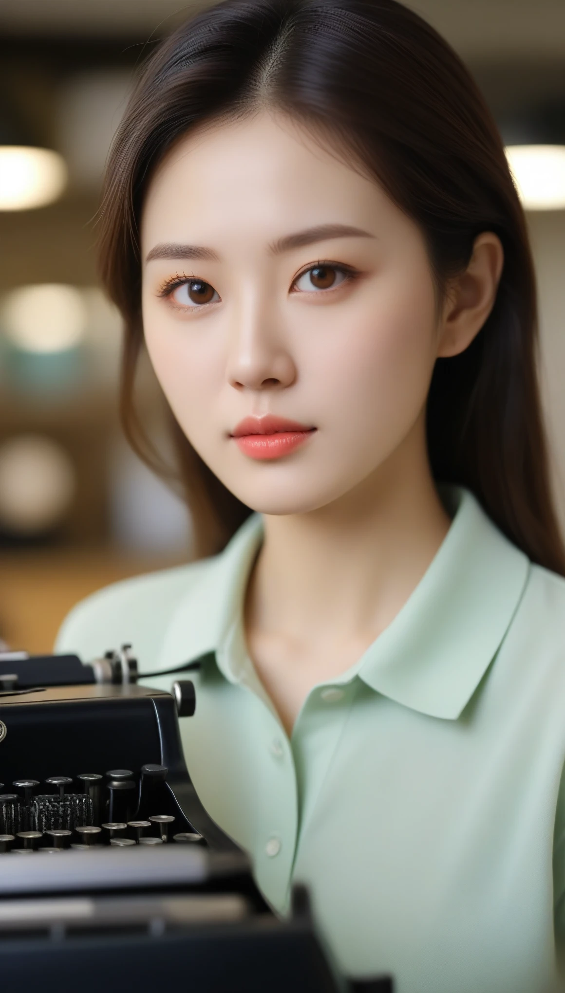 close-up of beautiful korean female, 34 inch breasts size, wearing polo shirt , use typewriter, in old office, bokeh background, UHD
