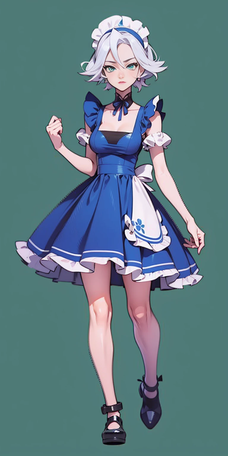 (masterpiece, top quality, best quality), pixel, pixel art, 1girl, full body, white hair, green eyes, blue maid dress