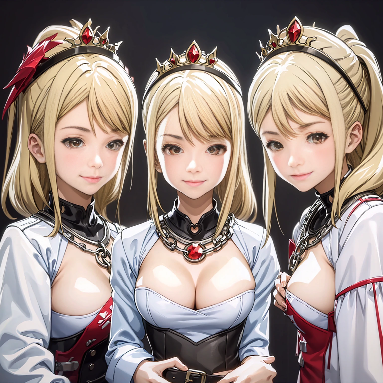 ((BLACK BACKGROUND,1:2, masterpiece)), full body MILF BIMBO standing with two long thighs and two metal sandals, red eyes, silver white hair, short bob style hair, big breasts, cleavage, separate sleeves, tiara royal, long cape up to two feet, yellow bikini, hands on waist, navel, lustful smirking smiling, smile face (red blushed, red cheeks), metal shoulders, gold sleeveless armbands, black leather choker slave collar, shackle bracelets, sex slave red crest, pauldrons, breastplate, corset, eye focus, full body, whole body. 1solo . slave fighter, loincloth standing, hands on hips, metal sandals, backpack, choker, big belt, view from below, feet together, bracers, tiara