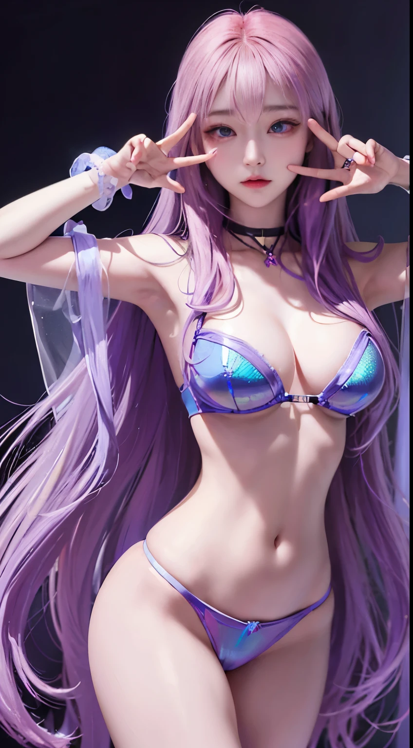 ((Masterpiece)), best quality, absurderes, ultra detailed, holographic, cowboy shot, super cute girl, mature girl, super beautiful asian girl with very beautiful violet glowing eyes, beautiful glowing white multicolored hair, nice and sexy body, slim body, perfect body, underwear