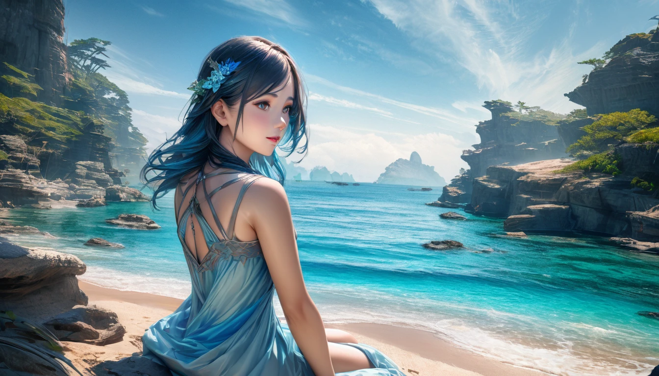 The prompt for Stable Diffusion: A lovely nubile Malaysian woman(age 30, blessed proportions), sunbathing on a sci-fi fantasy Venus beach, surrounded by a captivating scenery of a blue sea, sparkling blue sand, and large blue crystal outcroppings. The image should showcase the best quality with 4k or 8k resolution, high details, and a photorealistic rendering. The art style should combine elements of portraits and landscape, creating a vivid and captivating visual. The color palette should be dominated by various shades of blue, creating a serene and ethereal atmosphere. The lighting should be natural yet enhancing the beauty of the woman and the surroundings.