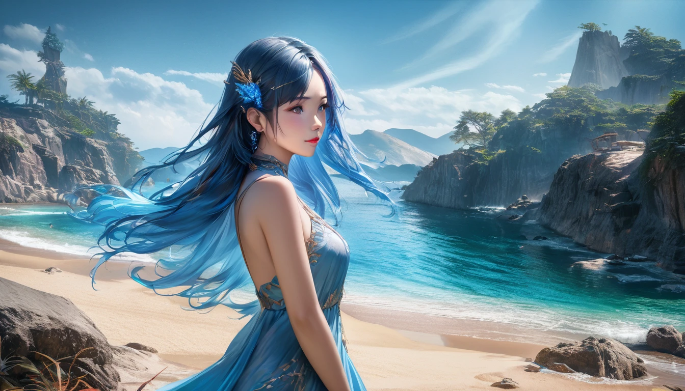 The prompt for Stable Diffusion: A lovely nubile Malaysian woman(age 30, blessed proportions), sunbathing on a sci-fi fantasy Venus beach, surrounded by a captivating scenery of a blue sea, sparkling blue sand, and large blue crystal outcroppings. The image should showcase the best quality with 4k or 8k resolution, high details, and a photorealistic rendering. The art style should combine elements of portraits and landscape, creating a vivid and captivating visual. The color palette should be dominated by various shades of blue, creating a serene and ethereal atmosphere. The lighting should be natural yet enhancing the beauty of the woman and the surroundings.