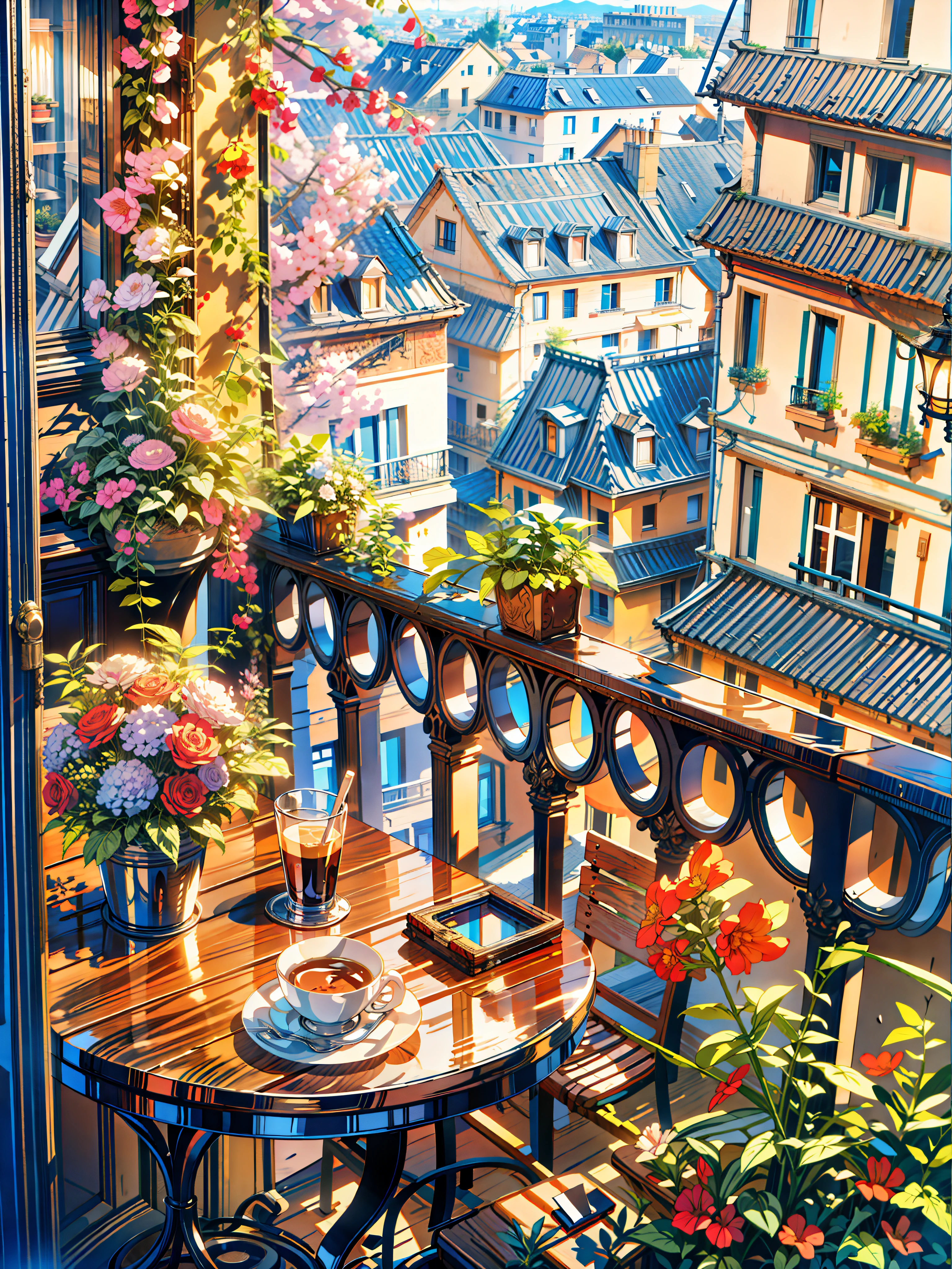 a cup of coffee sitting on top of a wooden table, beautiful terrace, terrace, balconies, paris background, balcony, sitting in french apartment, plants on balconies, pleasant cozy atmosphere, on a balcony, cozy cafe background, morning coffee, rooftop romantic, paris, with eiffel view, paris city, cozy place, springtime morning, cozy atmosphere, 4k hd, beautiful art uhd 4 k, a beautiful artwork illustration, beautiful digital painting, highly detailed digital painting, beautiful digital artwork, detailed painting 4 k, very detailed digital painting, rich picturesque colors, gorgeous digital painting