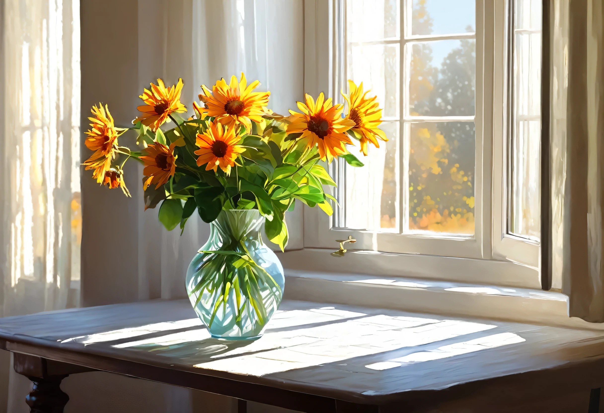 There is a vase on the table by the window., Digital Painting by Jerry Weiss, Shutterstock, Photorealism, summer morning light, Beautiful digital painting, style in digital painting, afternoon light, Soft morning light. Hyperrealism, Soft autumn sunshine, Afternoon sunshine, Soft morning light, Gorgeous digital painting, Elegant digital painting, Soft glow, Midday sunlight