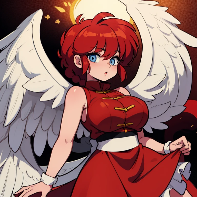 Ranmachan, cabello rojo, Cabello con trenza, ojos azules, ojos detallados, Angel, alas de angel, oreola dorada, alas de angel,