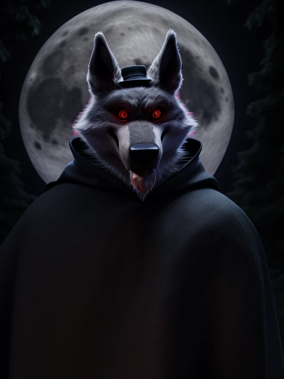 best quality, ultra high res,1furry boy, solo,detailed eyes, volumetric lighting, amazing, finely detail, cloak , white fur, red eyes, white sclera, bright pupils, tongue out, bright atmosphere, muscular, upper body, from back Looking at the viewer bowler hat (wit a robotic red eye) animated background of a forest with full moon