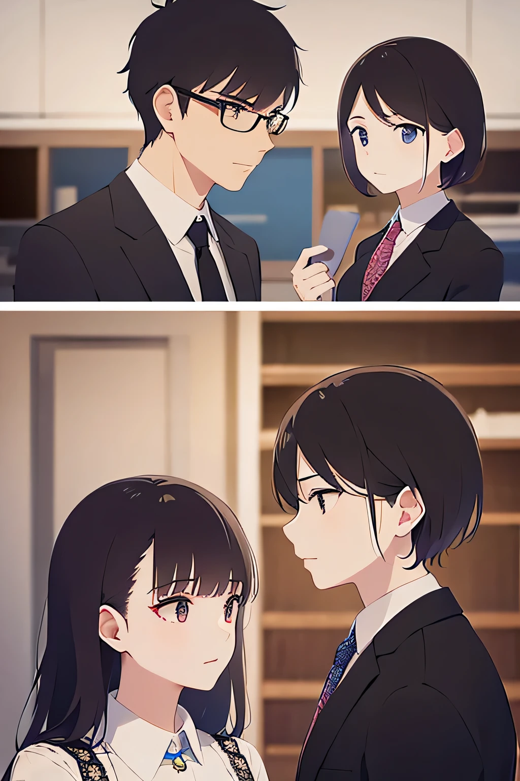 Three Men in Suits、two women in suits、Everyone is having a conversation、The background is the office