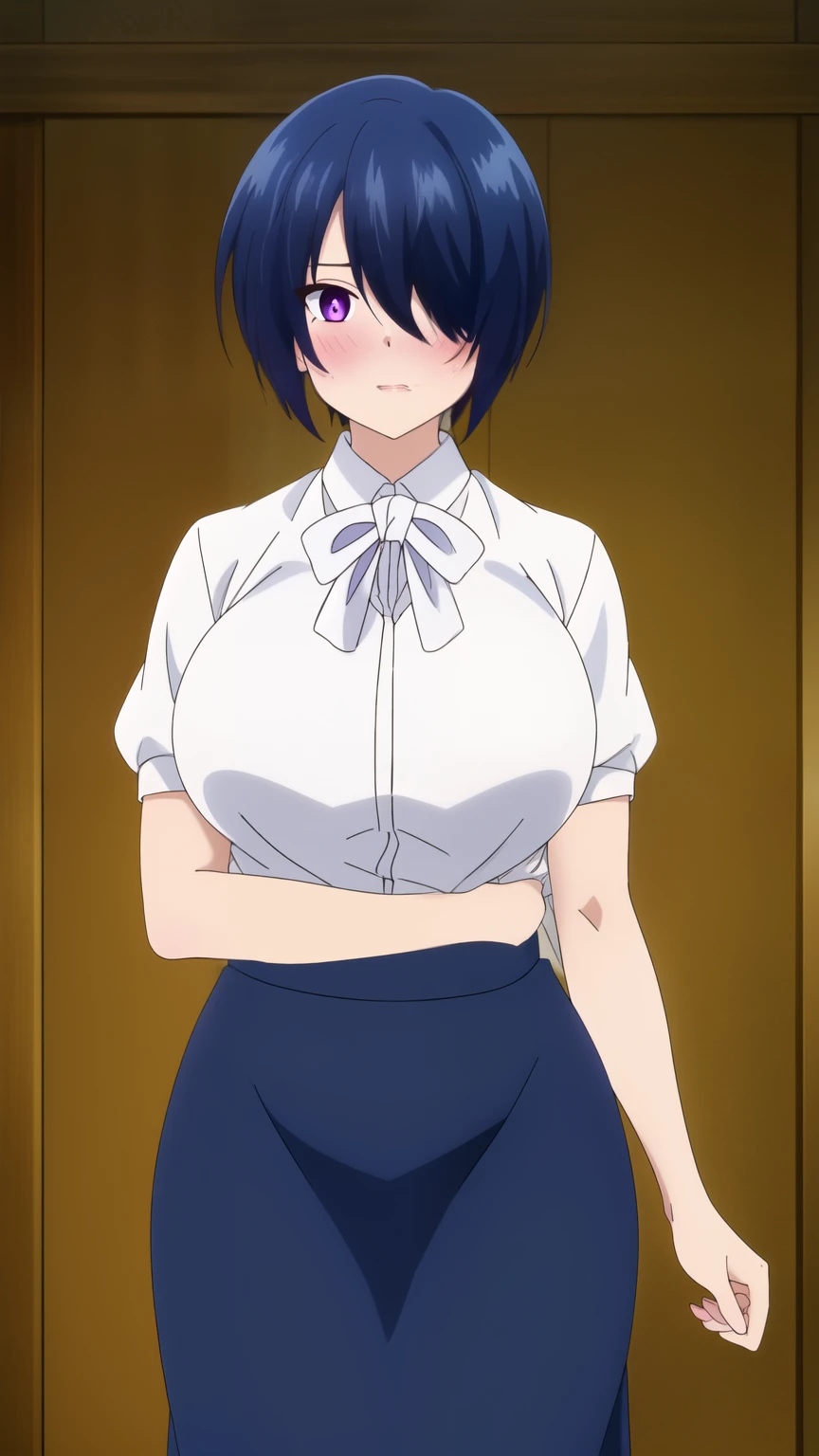 cowboy shot, huge breast, 1girl, solo, blush, short hair, skirt, blue hair, bag, white shirt, purple eyes,, ((hair over one eyes)), blue skirt, pencil skirt, (masterpiece: 1.0), (best_quality: 1.0), ultra high resolution, 4K, ultra detailed, photography, 8K, HDR, highres, absurders:1.2, Kodak portra 400, film grain, blurred background, bokeh:1.2, l (vibrant_color:1.2) (Beautiful), (beautiful_face:1.5),(narrow_waist), anime style, sharp focus, professional artwork,trending on pixiv, detailed bold arm lines, high color saturation, bold lines, bold drawing lines), (white skin, (fair skin), wide hips,