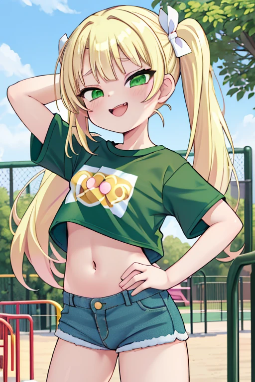 blush, sunlight, sunny, flowers, on a park, mesugake expression, ((mesugake expression at lens)) long hair, bows on pigtails, pink bows, (Female , golden blond hair in pigtails, green, eyes, fair skin), ((white crop top t-shirt)), (short denim shorts), mesugake face, barefoot, ((At a chilayground)), bratty, spoiled, oversized t-shirt, ((seductive pose)), (midriff), (((Emerald green eyes))), (((Blond hair))), standing, one arm on hip, laughing