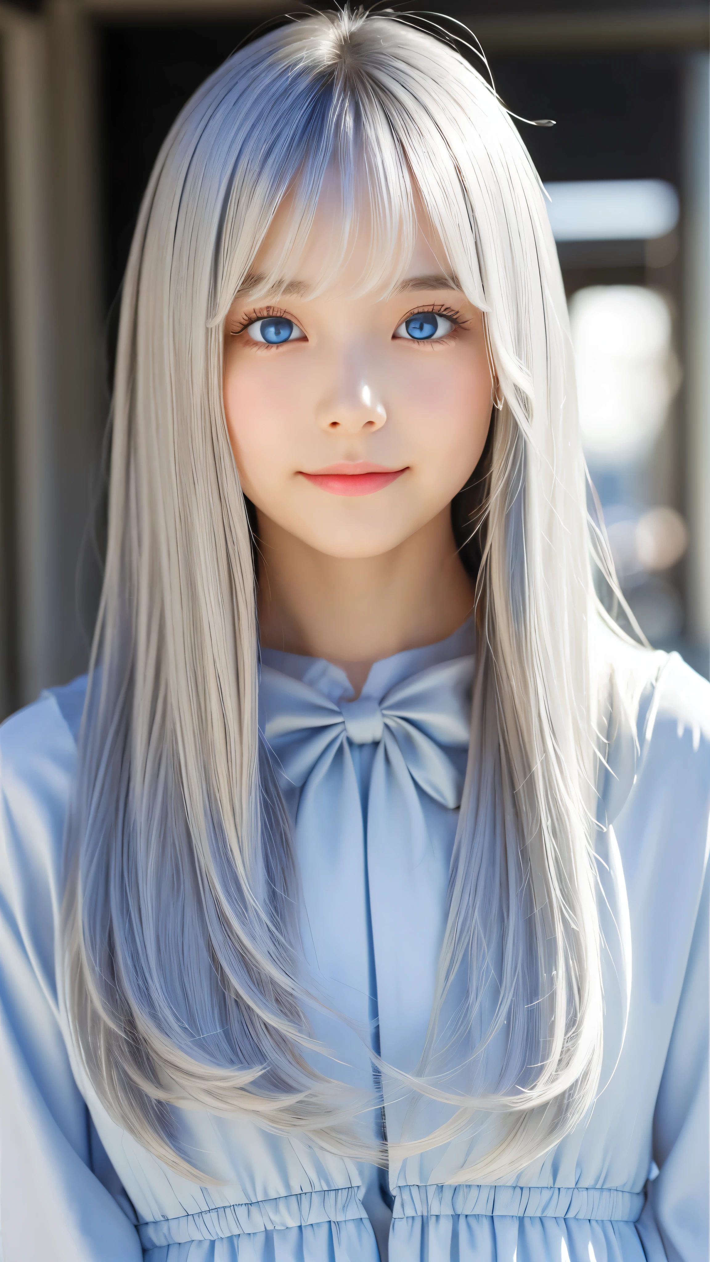 Shining, clear, white skin、Her windblown silver hair hides her beautiful face.、huge、28 years old cute sexy little beautiful face、Beautiful straight hair that stands out、growing up, Sparkling light blue eyes、long silky bangs that cover cute eyes, Sexy and cute young woman with super long hair hiding her sexy face、shining silver hair