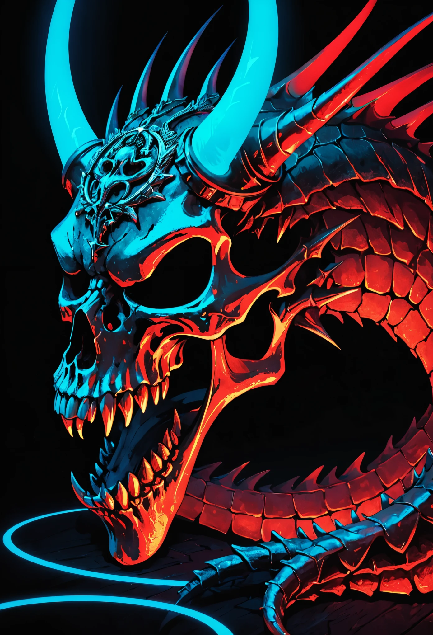 With violet glow horns、Close-up of a white skull, Dragon Portrait, by Rostland, Benedict Barna, Morel,(((Multi-metal ring ornamentiracle,Dark atmosphere,red fire,((neon glow light)),((Blue arc))