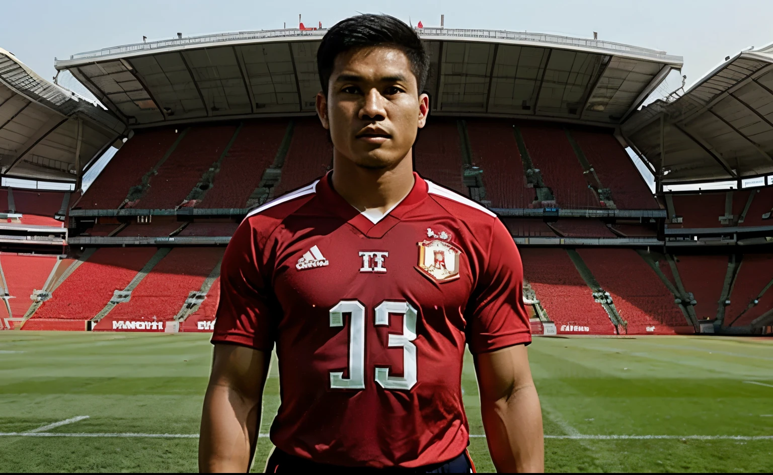 realistic photo, full body, a football player, Indonesian national team, red shirt, jersey number 23, looks like Nathan Tjoe A-on, stadium atmosphere