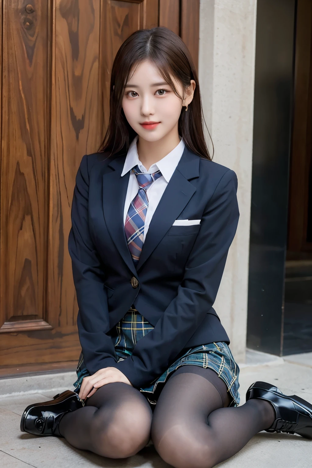 (8K), (highest quality: 1.2), (realistic), (realistic: 1.37), ultra high resolution, (1 girl), cute, smile, closed mouth, beautiful details, beautiful nose, wet hair, giant dulcefo, pork, thighs,self snap,University Student Uniform,simple blazer,pleated skirt,(The pattern of the skirt and tie is a tartan check pattern...:1.3),(sitting:1), sit on the ground,(hugging own legs:1), shiny pantyhose,from the front