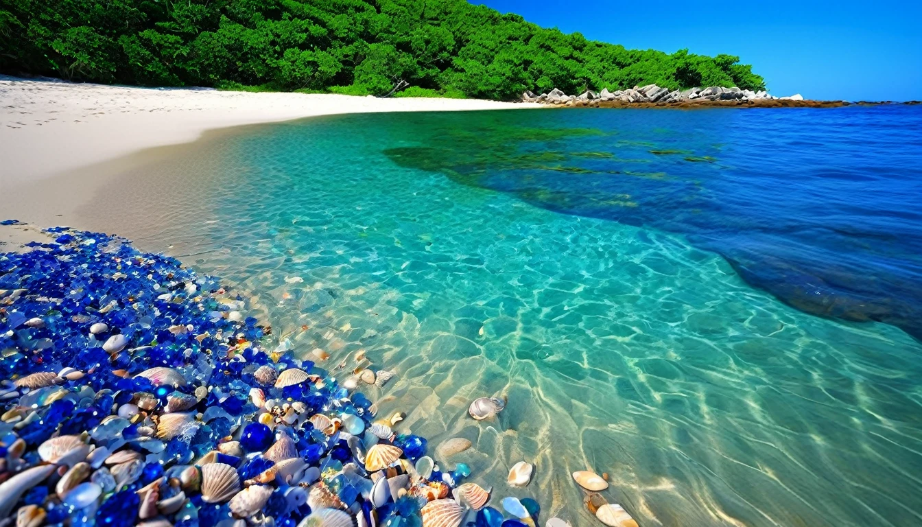(best quality,highres:1.2),ultra-detailed,(realistic,photorealistic:1.37),jeweled beach,glassy blue gems litter the beach covering almost all of the sand,blue coast,colorful crab,lovely beach scene,rocky ridges,cove,beach vacation,natural beauty,serene atmosphere,crystal-clear water,soft cobalt blue sand,glistening sunlight,lush vegetation,seashells,refreshing breeze,saltwater scent,sandy dunes,gentle waves,coastal paradise,tropical paradise,secluded getaway,tranquil escape,vibrant colors,sparkling ocean,marine life exploration,sun-kissed paradise,shimmering reflections,fresh seafood,seaside relaxation,waterfront retreat,fascinating seascapes,unspoiled coastline,idyllic scenery,hidden treasure,beach exploration,hidden gem,captivating view,pristine environment,luxury beach destination,serenity