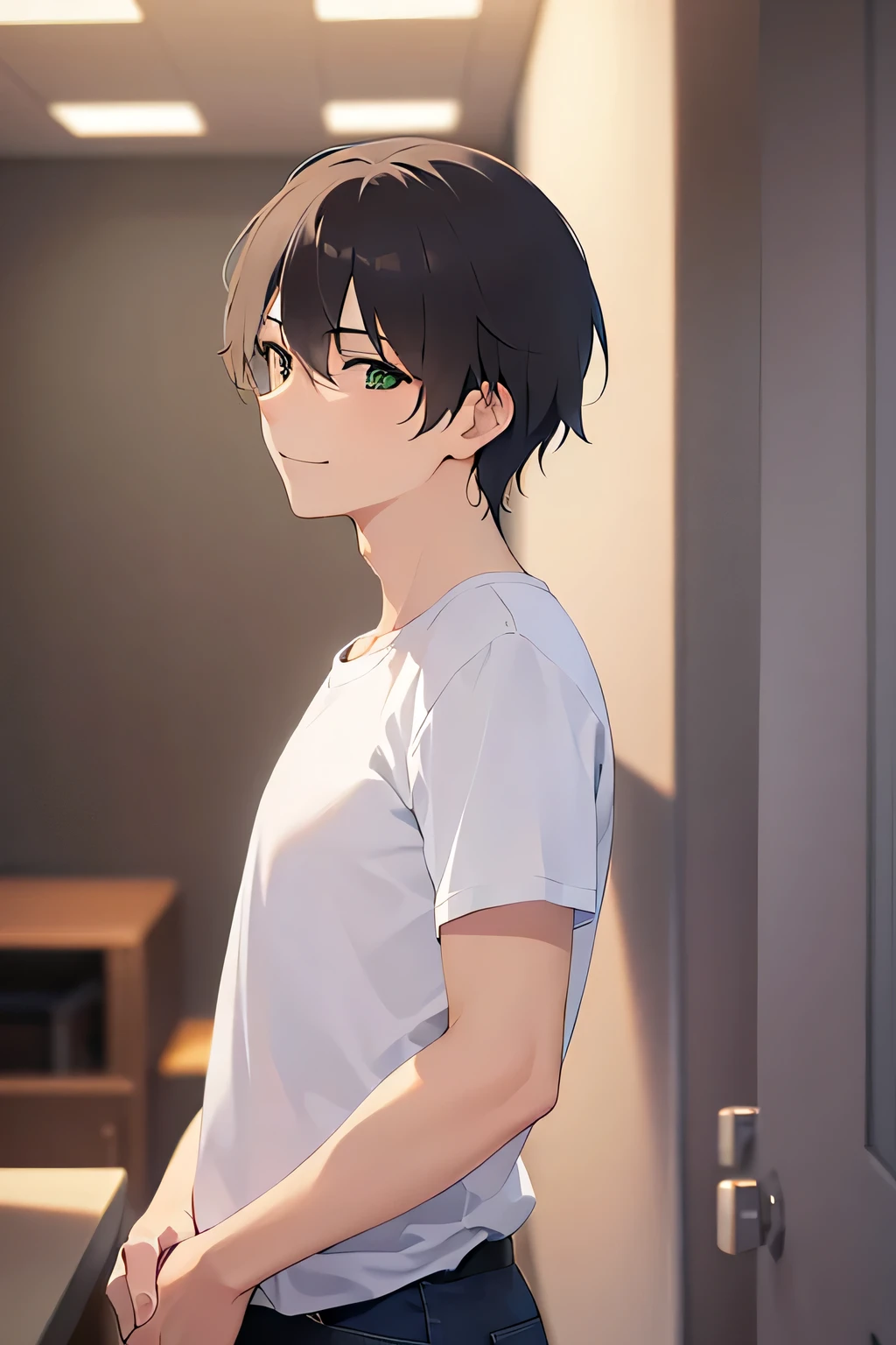 Side angle, (avert your eyes:1.5), masterpiece、highest quality、(25-year-old male:1.5) and (Brown short hair) and (Green Eyes), wearing a white T-shirt、Are standing、(smile:1.3)、 The background is the living room、(alone:1.5)、The upper body is shown、