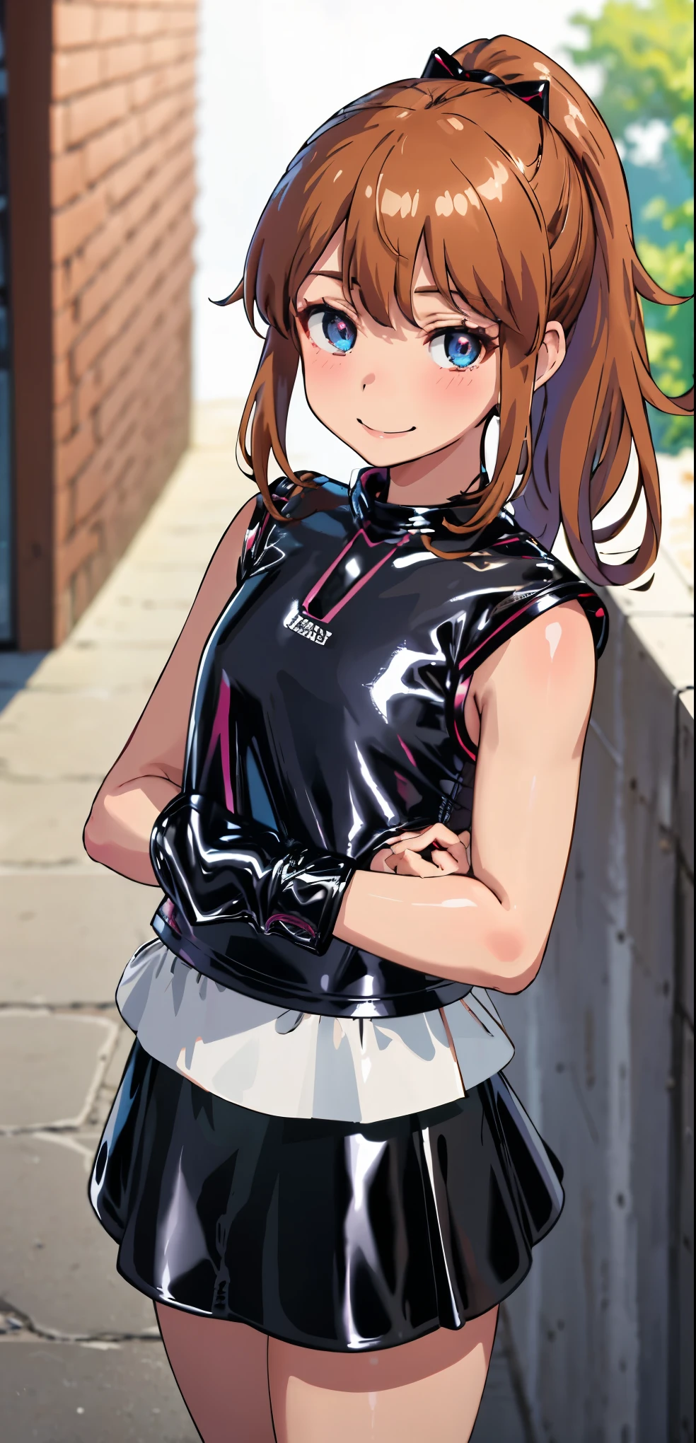 best quality, (masterpiece:1.2), highly detailed, standing, street,
1girl, solo, akatsuki minami,
looking at the viewer, closed mouth, smile, slight blush,
blue eyes, brown hair, ponytail, hair bow, sleeveless, (((dominant girl, latex skirt, latex shirt )))