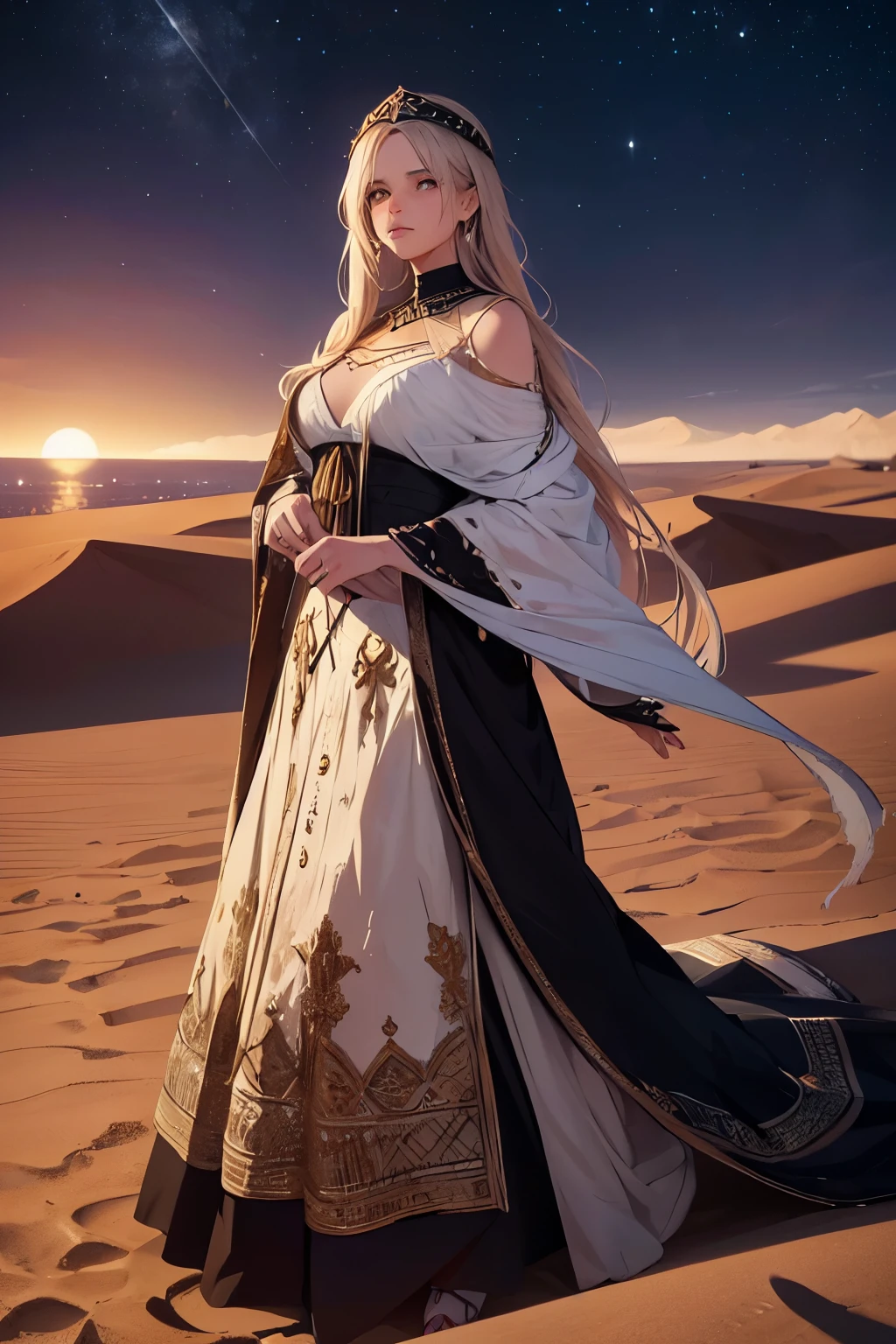 (Masterpiece: 1.3), (Max resolution: 12k), (Ultra high res: 8k), Realistic Detail, Depth of field, (Best quality: 1.2), 3D, Super resolution,
A masterpiece of art, showcasing the intricacies of the undercover killer's journey in the night desert, with a starry moon illuminating the scene. The ultra high resolution of 8k brings every detail to life, from the ripples in the sand to the stitches on the killer's ancient Middle Eastern clothing. The depth of field adds an element of mystery, as the viewer is drawn into the killer's