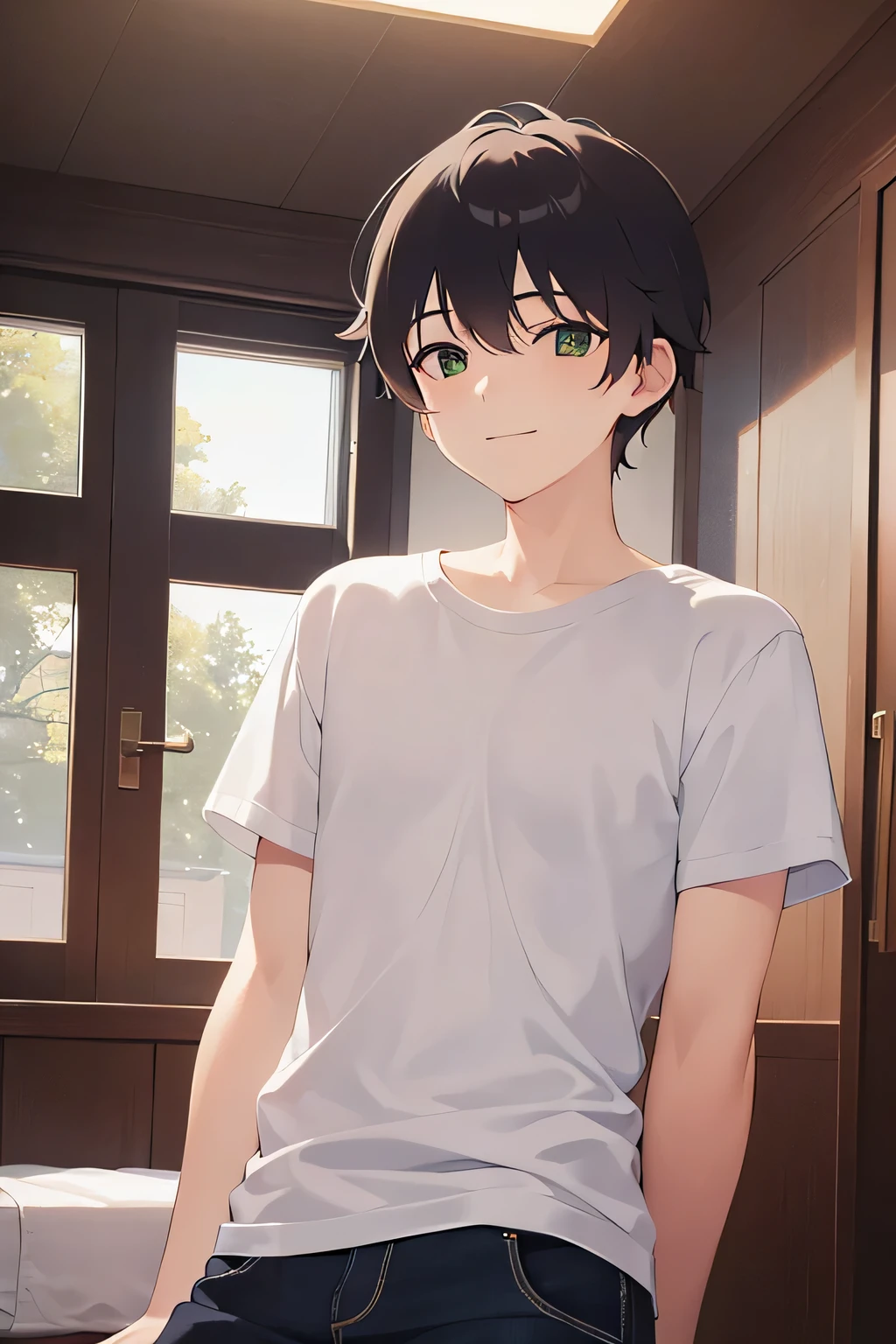 Side angle, (avert your eyes:1.5), masterpiece、highest quality、(25-year-old male:1.5) and (Brown short hair) and (Green Eyes), wearing a white T-shirt、Are standing、(smile:1.3)、 The background is the living room、(alone:1.5)、The upper body is shown、