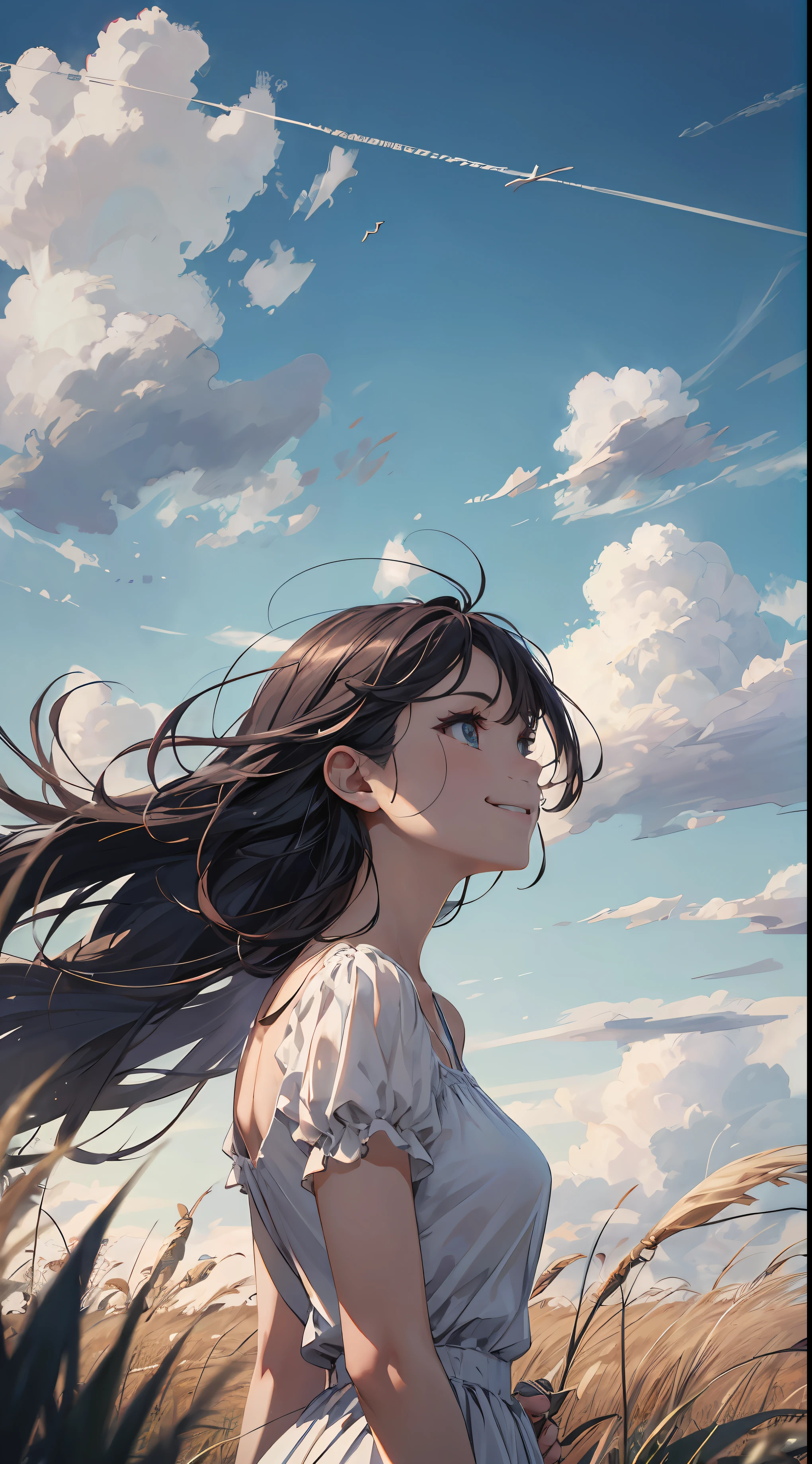 grassland、Blue sky、White cumulonimbus cloud、Contrail、Shining Sun、Grass in the prairie swaying in the wind、Photo Quality、Live Action、Reality、Transparency、Realistic depiction、8k quality、Hmph、Digital SLR、high quality、Film Grain、Fujifilm XT3、Girl wearing a white camisole dress、Standing posture、barefoot、Hair swaying in the wind、Shoulder-length hair、Huge 、Big eyeedium Bob、Laughter