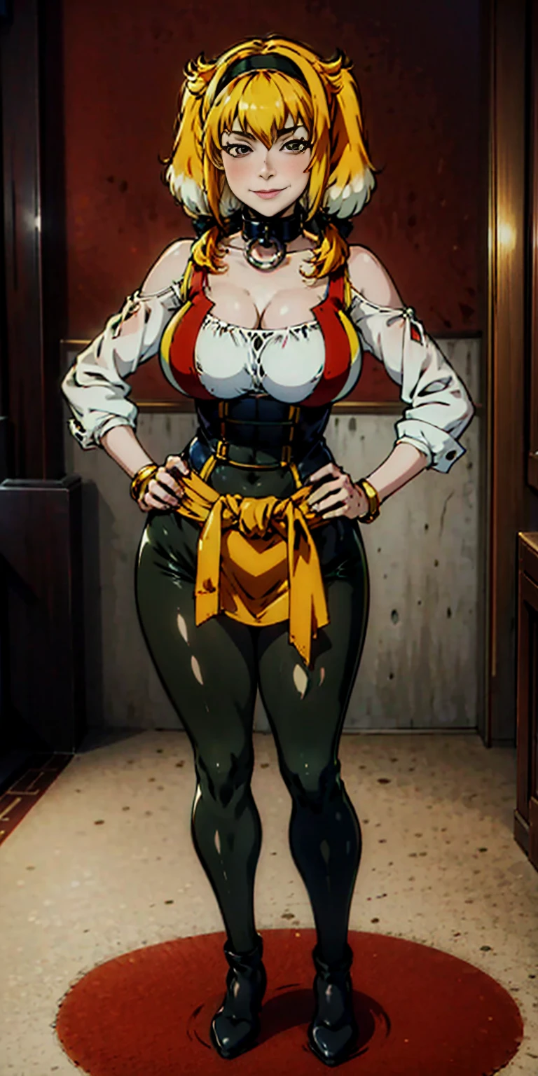 1solo Milf full body standing straight symmetrical, looking at viewer, hands on hips, twin drills twintails, striped pantyhose, golden handcuffs on their hands with a black leather collar around the golden heart necklace, hands on hips, lustful smirking smile face red blushed