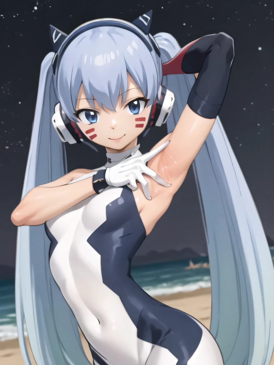 masterpiece, best quality, highres, aamio, long hair, twintails, facial mark, headphones, small breasts, white bodysuit, skin tight, gloves, contrapposto, spread armpit, arms behind head, smile, solo, looking at viewer, upper body, cyberpunk, smile, night sky, beach,