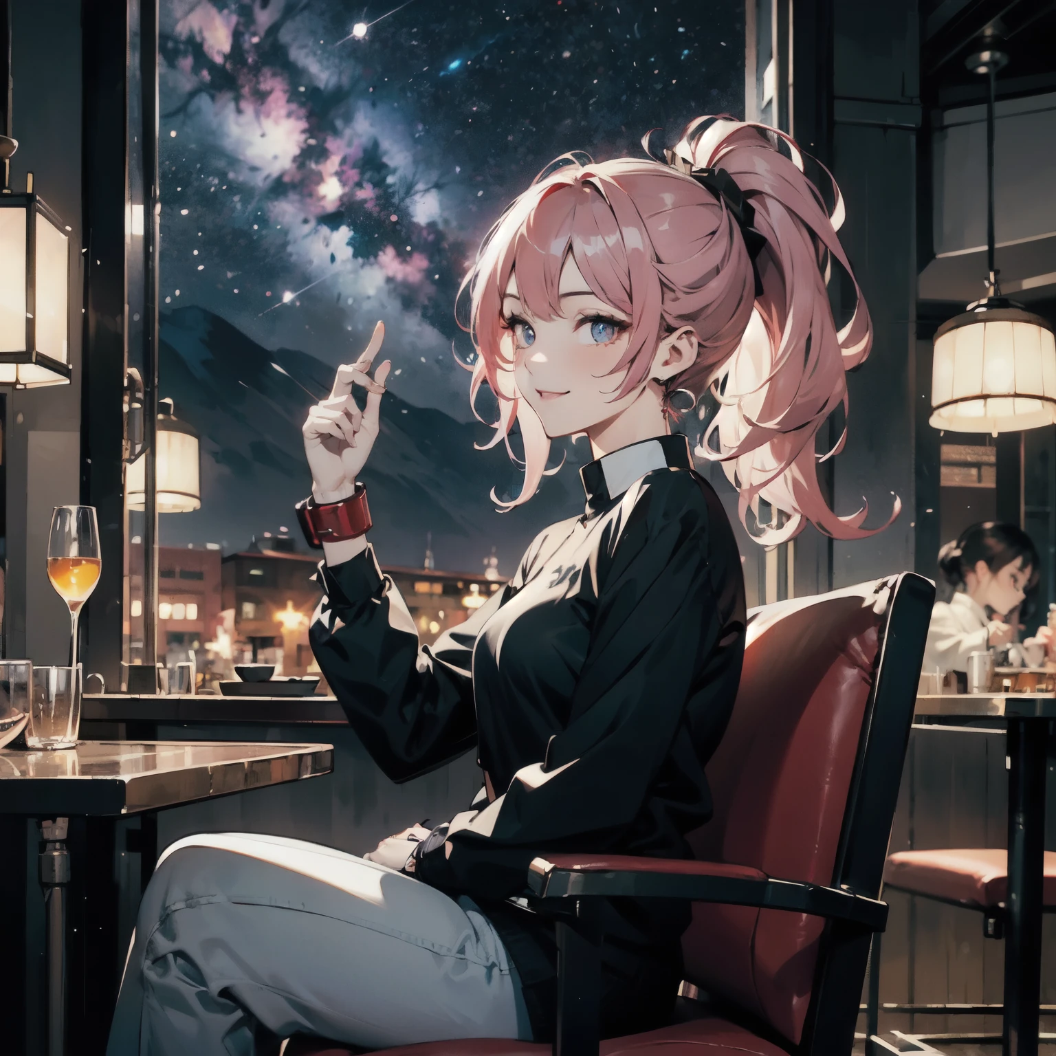 (simple hands: 0.5) + (Detailed hand: 0.7), (masterpiece), (highest quality), In white, red eye, 1 girl, Pale skin, In white, red eye, Pink Hair, ponytail,eyelash, handcuffs, jewelry, smile, Glowing Skin, Shiny Hair, Detailed and magnificent scenery, Fancy, Wide range, 1 girl, Pink Hair, Night Sky, Gazing at you、驚くほど精巧なCGイラストのmasterpiece, I felt better., beautiful I felt better. eye, beautiful detailed eye, eye, sparkling eye, Different colored eye, red eye, blue eye, Milky Way, nebula, (whole body), (curve),sit in a chair at a cafe restaurant,