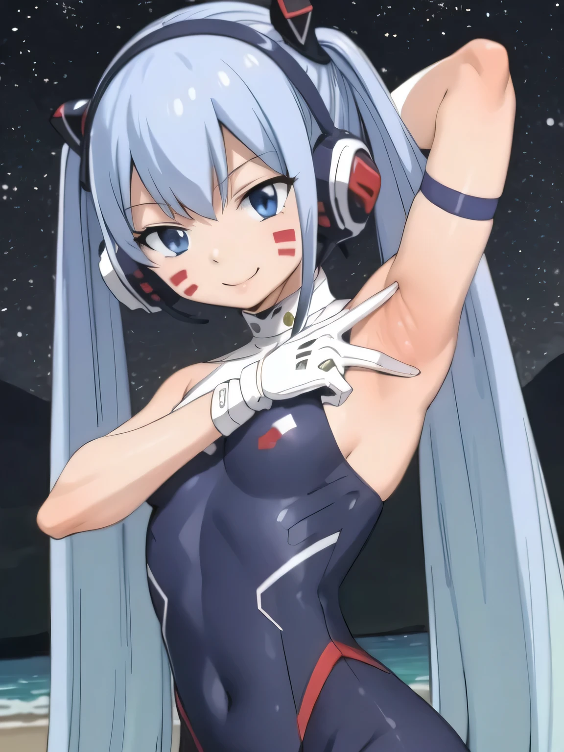 masterpiece, best quality, highres, aamio, long hair, twintails, facial mark, headphones, small breasts, white bodysuit, skin tight, gloves, contrapposto, spread armpit, arms behind head, smile, solo, looking at viewer, upper body, cyberpunk, smile, night sky, beach,