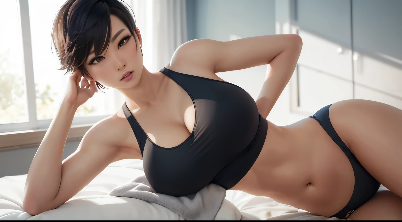 (ultra realistic, highly detailed:1.4), best quality, masterpiece
girl, tall asian woman, tank top, pixie cut, cross-eyed, lying in bed, massive breasts, cleavage, ((longtorso, ltso):1.15), tall