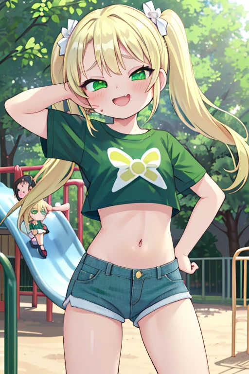 blush, sunlight, sunny, flowers, on a park, mesugake expression, ((mesugake expression at lens)) long hair, bows on pigtails, whites bows, (Female teen, golden blond hair in pigtails, green, eyes, fair skin), ((Green crop top t-shirt)), (short denim shorts), mesugake face, barefoot, ((At a childrens playground)), bratty, spoiled, Croptop with butterfly design, ((seductive pose)), (midriff), (((Emerald green eyes))), (((Blond hair))), standing, one arm on hip, laughing