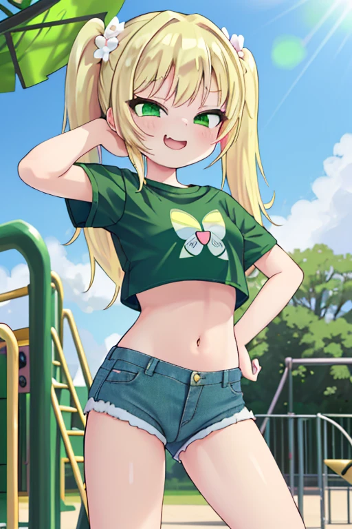 blush, sunlight, sunny, flowers, on a park, mesugake expression, ((mesugake expression at lens)) long hair, bows on pigtails, whites bows, (Female teen, golden blond hair in pigtails, green, eyes, fair skin), ((Green crop top t-shirt)), (short denim shorts), mesugake face, barefoot, ((At a childrens playground)), bratty, spoiled, Croptop with butterfly design, ((seductive pose)), (midriff), (((Emerald green eyes))), (((Blond hair))), standing, one arm on hip, laughing