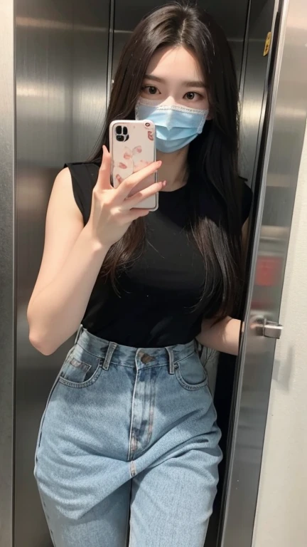 ((Selfie))、Woman wearing sunglasseedical mask、Burgundy long hair、Inflamed skin、In the elevator of a building、Daytime