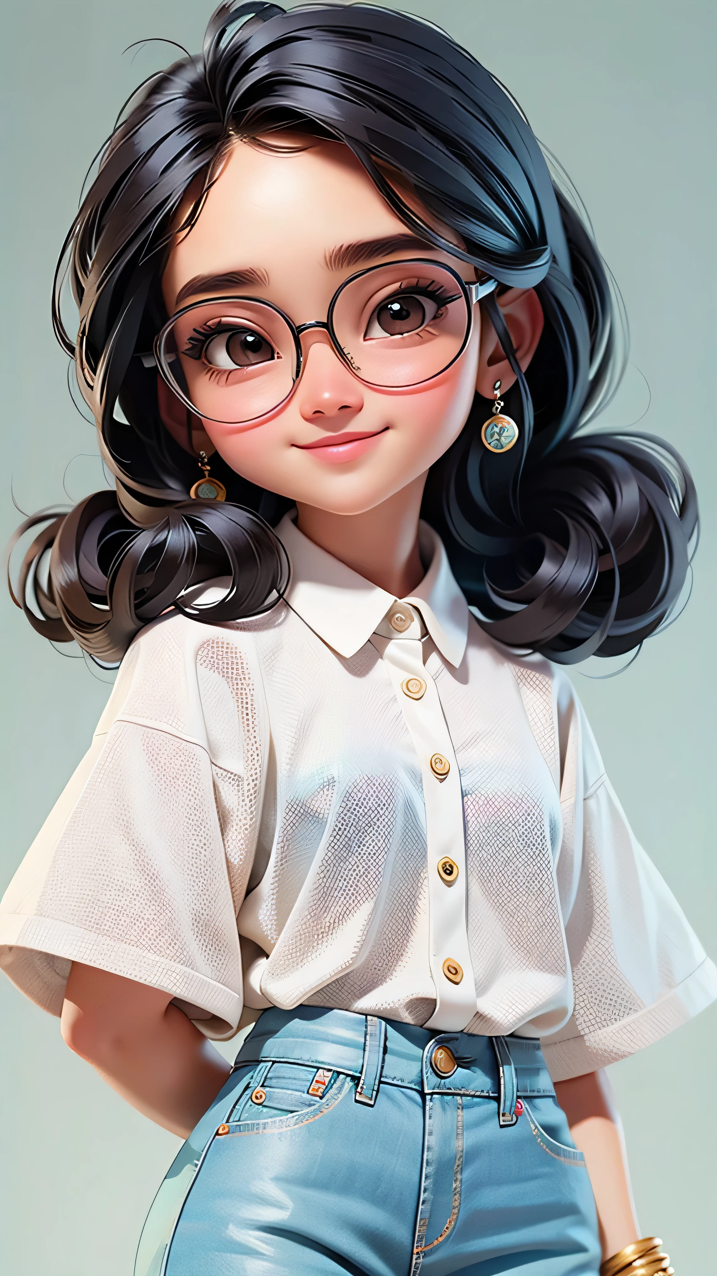  cute girl, cabelo mesclado, solto, modern accessories , Eyeglasses, olhos detalhados, sorriso detalhados, detalhes detalhados, Holographic,  fundo claro e simples