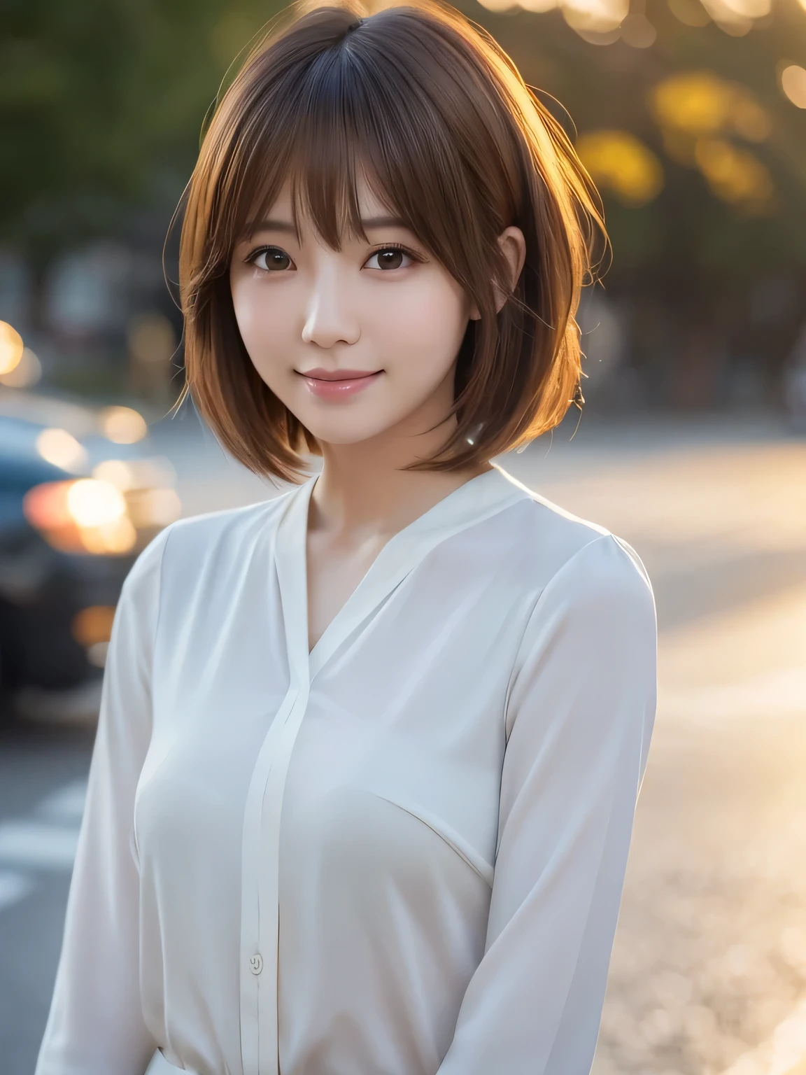 Hair length to the cheeks, Wavy Hair,Short hair length, Chiho, Light brown neat hair, Mid-length hair, Chie Yoshii&#39;s Style, Short length hair, Light Brown Hair, 別れたLight Brown Hair,A refreshing long-sleeved white blouse for summer,masterpiece, highest quality, (Highly detailed CG Unity 8k wallpaper), (highest quality),Raw photo,超A high resolution、(Photorealistic:1.4)、Highly detailed and professionally lit smile、Super detailed face、、Golden Hour Lighting,Highly detailed CG Unity 8k,Her profile.Hair with details like in the photo、Hair like a live action,Concrete wall background,Expressionless woman,Dark Eyes