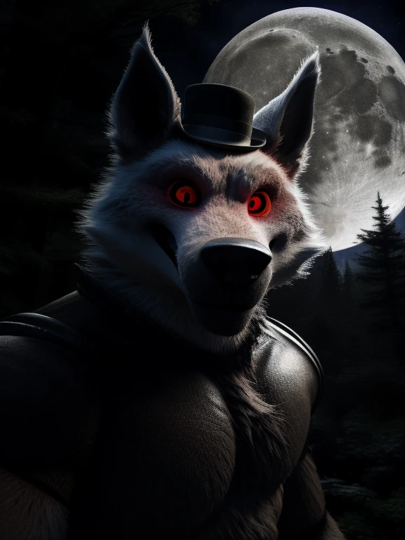 best quality, ultra high res,1furry boy, solo,detailed eyes, volumetric lighting, amazing, finely detail, white fur, red eyes, white sclera, bright pupils, bright atmosphere, muscular, upper body, from back Looking at the viewer Bowler hat (with a red robotic eyes) realistic background of a forest with full moon
