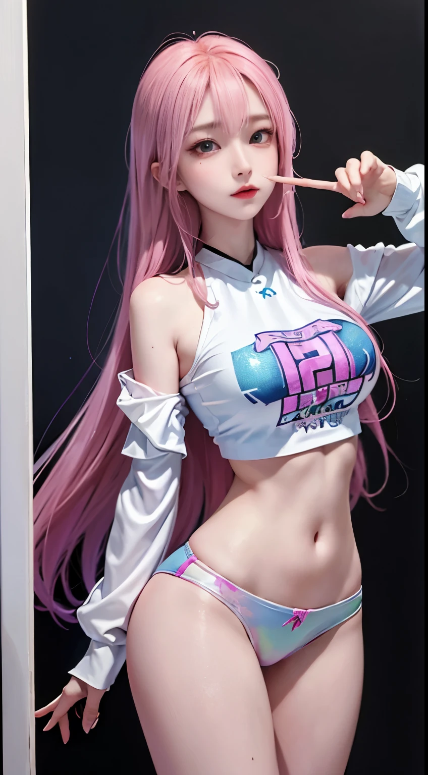 girl, (underbust:1.4),Big breasts sagging、(Smile:1.5),Colored inner hair,long gray hair:1.5,long, unkempt hair:1.35,long black hair,Complex of hairstyle,(((neon_pink of_have eyes:1.3))),complex of eyes,Beautiful and delicate eyes,Symmetrical eyes)),(lower abdomen,Willow Yao,wide hips,Athletic body,inflatable legs,Detail of body), Cute of big breasts,of,((((Cropped Hoodie,)))), (dynamic poses:1.0),Just focus,embarrassing,(Located in the center,Scale to fit dimensions,rule of thirds), Neon lights are particularly eye-catching, very bright neon light,at night, starry night, universe, art photography,(Photo taken by sldr),high resolution, sharp focus, (reality of art:1.37),(extremely detaildof CG unified 8k wallpapers),((Synthwave background theme)),(((Vibrant of color))),complex,(complexof background),(masterpiece),(best of quality),Itof a perfect face,Perfection of facial details,reality of face,On-site photos,analog style,((Complex details)),(((actual of))),