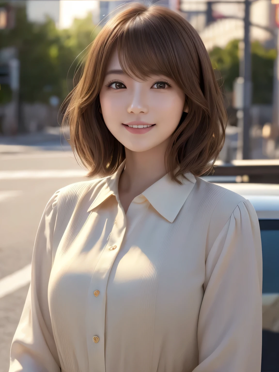 Hair length to the cheeks, Wavy Hair,Short hair length, Chiho, Light brown neat hair, Mid-length hair, Chie Yoshii&#39;s Style, Short length hair, Light Brown Hair, 別れたLight Brown Hair,A refreshing long-sleeved white blouse for summer,masterpiece, highest quality, (Highly detailed CG Unity 8k wallpaper), (highest quality),Raw photo,超A high resolution、(Photorealistic:1.4)、Highly detailed and professionally lit smile、Super detailed face、、Golden Hour Lighting,Highly detailed CG Unity 8k,Her profile.Hair with details like in the photo、Hair like a live action,Concrete wall background,Expressionless woman,Dark Eyes