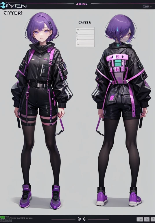 character sheet, (3 vistas, frente, derriere, lado) 1mujer, ninja ciberpunk, ninja moderno, Ropa japonesa