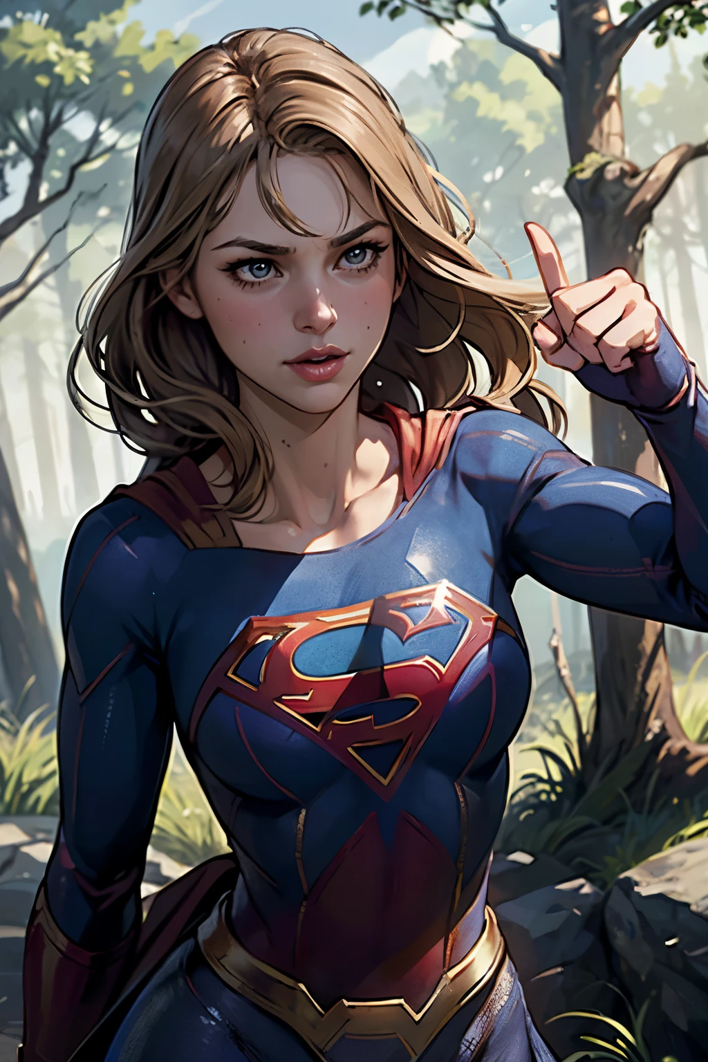 ((highest quality)), ((masterpiece)), (be familiar with), (High definition), (Realistic), (Realistic), (Best Shadow), Low contrast, (Complex:1.4), Side lighting, 8K, ((melissa Benoist)), ((SUPER GIRL)), Perfect Face、Detailed、(Accurate hand and finger depiction)、supergirl women、Blonde、Voluptuous body、Large Breasts、Narrow waist、Big Ass、Alluring、glamorous、(Action Scenes)、((Punching an enemy:1.2))、sweating、On the grass、in the deep forest、blue sky、((Upper body close-up:1.2))