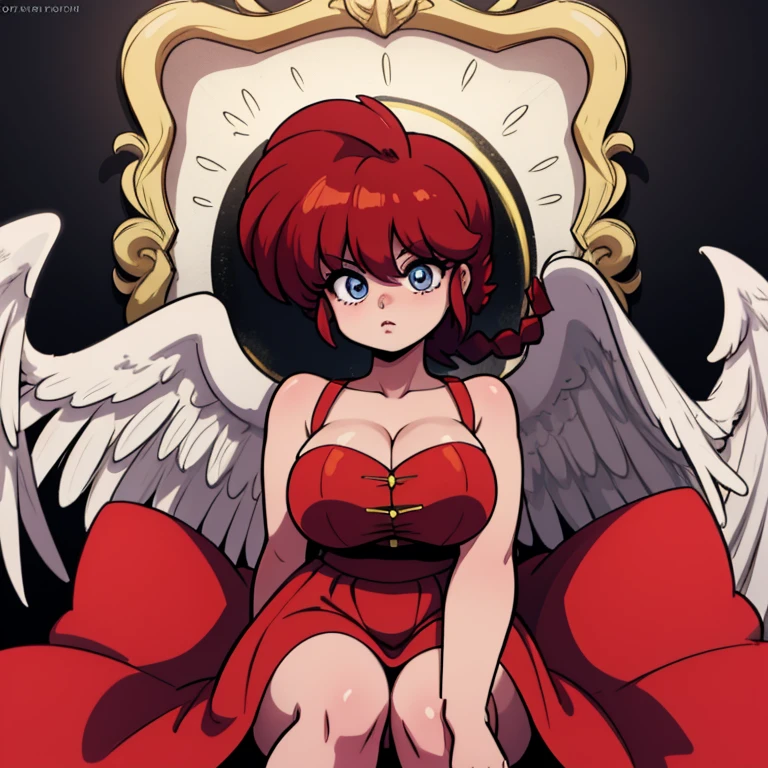 Ranmachan, cabello rojo, Cabello con trenza, ojos azules, ojos detallados, Angel, alas de angel, oreola dorada, alas de angel,